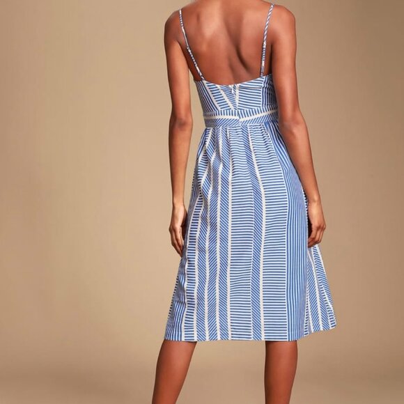 NWT LUSH World Wonder Blue Striped Tie-Front Midi Dress SMALL - Picture 3 of 16